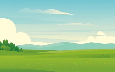 Vibrant cartoon landscape with rolling green hills and distant mountains under a blue sky