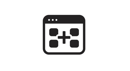 Black and white simple icon of a user interface window with a plus sign inside