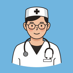 Cartoon doctor illustration with stethoscope and glasses isolated on blue background
