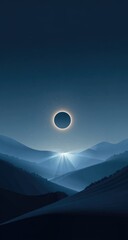 Dark, serene landscape with a total solar eclipse