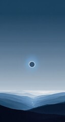 Minimalist depiction of a solar eclipse over a serene, undulating landscape
