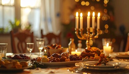 Festive holiday table with lit candles and food