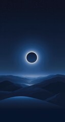 Night sky, annular solar eclipse over dark, rolling hills