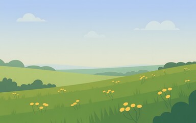 Idyllic rolling green hills with wildflowers under a blue sky