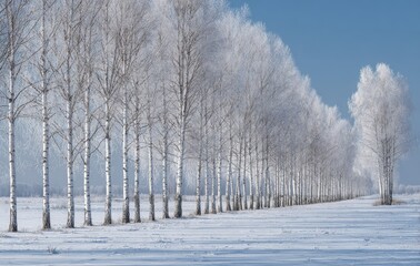 Frosty birch trees line a snow-covered field under a clear sky