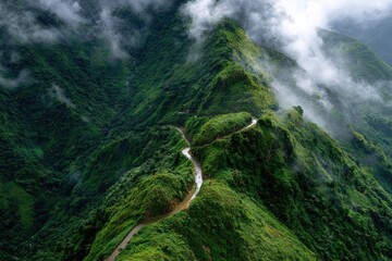 Winding mountain road through lush green hills, shrouded in mist