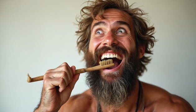 Happy man with big beard and wild hair brushes teeth using a natural bamboo toothbrush. He smiles broadly, cleaning his mouth with eco oral hygiene product. Male shows surprise, joy, healthy teeth.