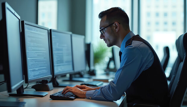 Man in office types on keyboard looking at computer screen. Police officer works on database in modern workspace. Investigator uses tech for data entry.