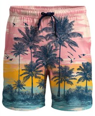 Pink swim shorts with palm tree sunset print