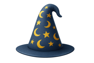 Blue wizard hat with gold crescent moons and stars, curled tip wide brim