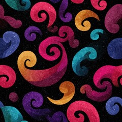 Colorful swirling patterns on a dark background