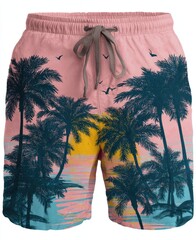Pink swim trunks with palm tree sunset design