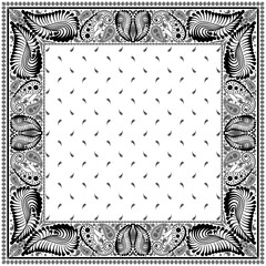 Bandana paisley square ethnic floral hand drawn pattern.Ornament classic vintage vector elements black on white background.Design for scarf,headscarf,kerchief,hijab,tablecloth,print fabric,decoration.