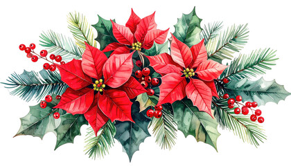 Poinsettias, holly, and pine boughs watercolor holiday arrangement