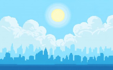 Bright sunny day over a blue city skyline with fluffy clouds