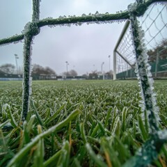 Frosty grass field viewed through a frosted fence, goal in background
