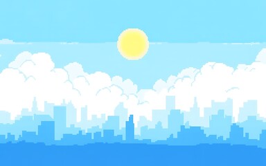 Pixelated cityscape under a bright yellow sun and blue sky
