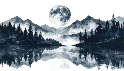 Moonlit mountains reflected in calm lake, trees silhouetted