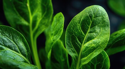 Close-up of vibrant green spinach leaves against a dark background