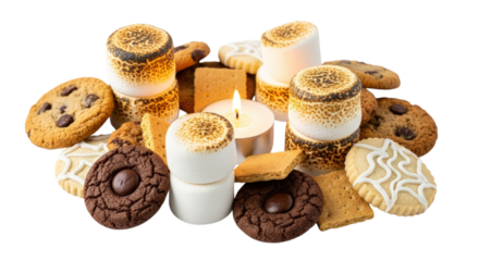 Cozy campfire treats featuring toasted marshmallows, chocolate chip cookies, and graham crackers centered around a glowing candle flame