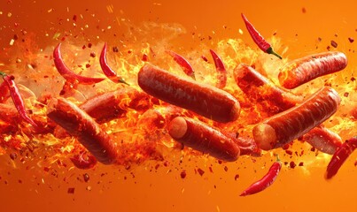 Flaming sausages and chili peppers in mid-air