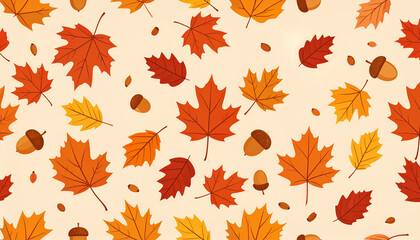 Fototapeta premium A seamless pattern of autumn leaves and acorns on a light background.