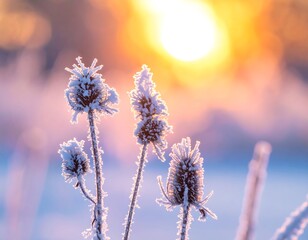 Frosted, dried wildflowers illuminated by the morning sunrise