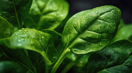 Close-up of vibrant green spinach leaves, glistening with water droplets