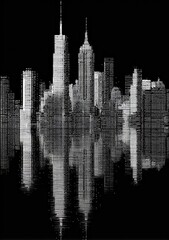 Monochromatic city skyline reflected in water, glitch effect