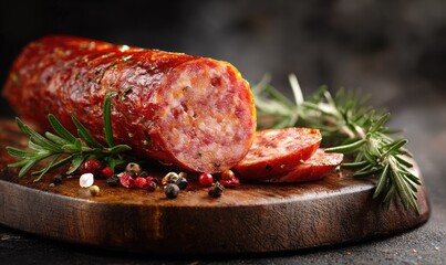Sliced smoked sausage on wood, herbs, peppercorns