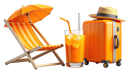 Vacation still life with orange chair, drink, suitcase, and hat