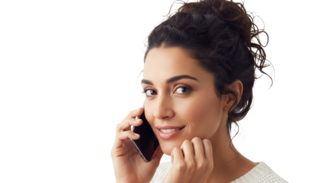Beautiful woman engaging in a phone conversation, radiating confidence and charm, perfect for lifestyle or business communications content