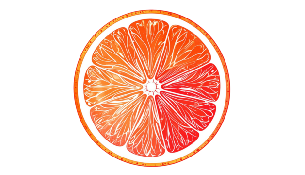 Vivid, stylized half-slice of a grapefruit with thin, white lines dividing it against a stark black background