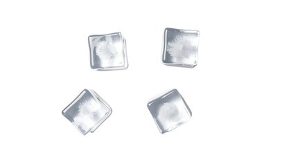 Four transparent ice cubes float against a black backdrop