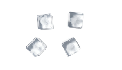 Four transparent ice cubes float against a black backdrop