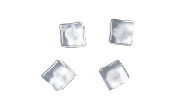 Four transparent ice cubes float against a black backdrop