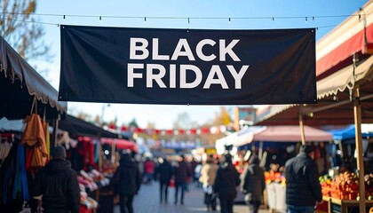 Promotional banner hanging over a bustling outdoor marketplace
