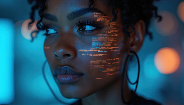 Black woman has code projected on face. Female programmer works with AI tech. Tech concept focuses on innovation security and facial recognition. Digital future of people in software business.