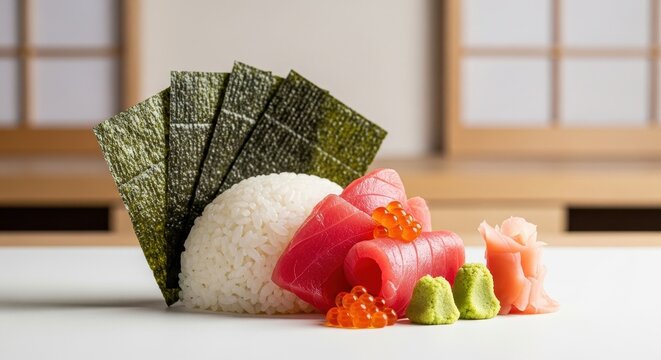 Close up of Sushi with Tuna Rice Seaweed and Wasabi
