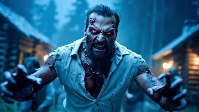 A man in a white shirt with red eyes and a bloody face