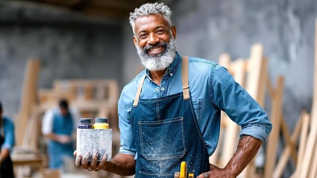 A man in an apron holding a box of paint and a paintbrush