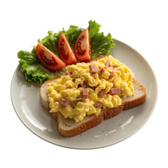 Scrambled eggs served on a slice of brown bread on transparent background
