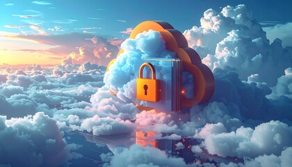 Digital data security concept showing protected cloud computing storage with a prominent golden padlock icon in a beautiful sky.
