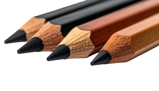 Close-up view of four unsharpened pencils with varying wood shades on a black backdrop, angled diagonally