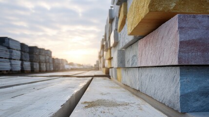 Stack of colorful blocks on the right side of the frame. the blocks are stacked on top of each other and are of different colors - pink, blue, yellow, and gray.