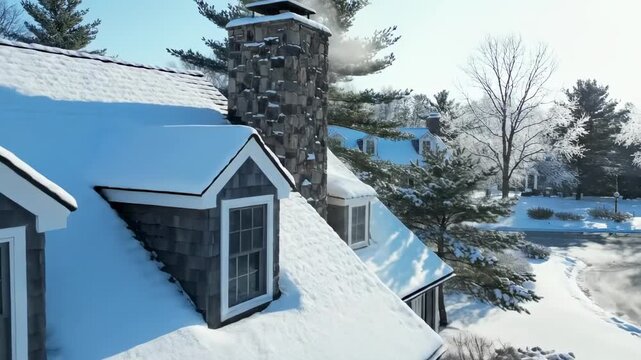 cape house - A picturesque winter scene showcasing a charming house adorned with a snow-covered roof, surrounded by snow-laden trees and glistening icicles, creating a serene, tranquil atmosphere