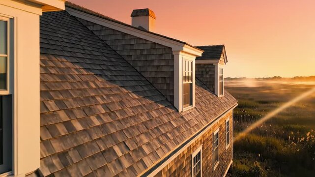 cape house - A close-up view of a rustic house with shingle roofing at sunset, highlighting the windows and the warm glow of the sun illuminating the tranquil marshland in the background