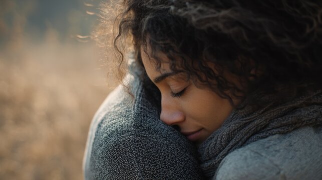 Close-up portrait of a young woman with curly hair. she is wearing a gray sweater and a gray scarf around her neck. her eyes are closed and her head is resting on a gray blanket.