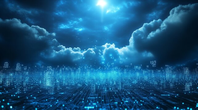 Abstract blue background, cloud formations, glowing data orbs, cascading binary code, interconnected circuits, sense of scale and complexity, data visualization, futuristic, sleek design, cinematic