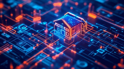 Abstract representation of smart home network, interconnected icons representing various devices and functions, data streams flowing between them, futuristic design, glowing lines and nodes,